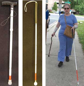 Young blind person with long cane walking on white background