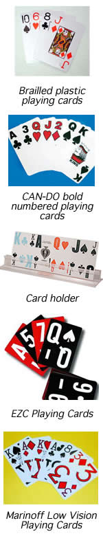 This is an image of a cardholder, and Brailled, CAN-DO bold, EZC and Marinoff Low Vision playing cards