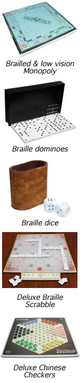 an image of brailled and low vision monopoly board, braille dominoes, braille dice, deluxe braille Scrabble set, and deluxe Chinese checkers