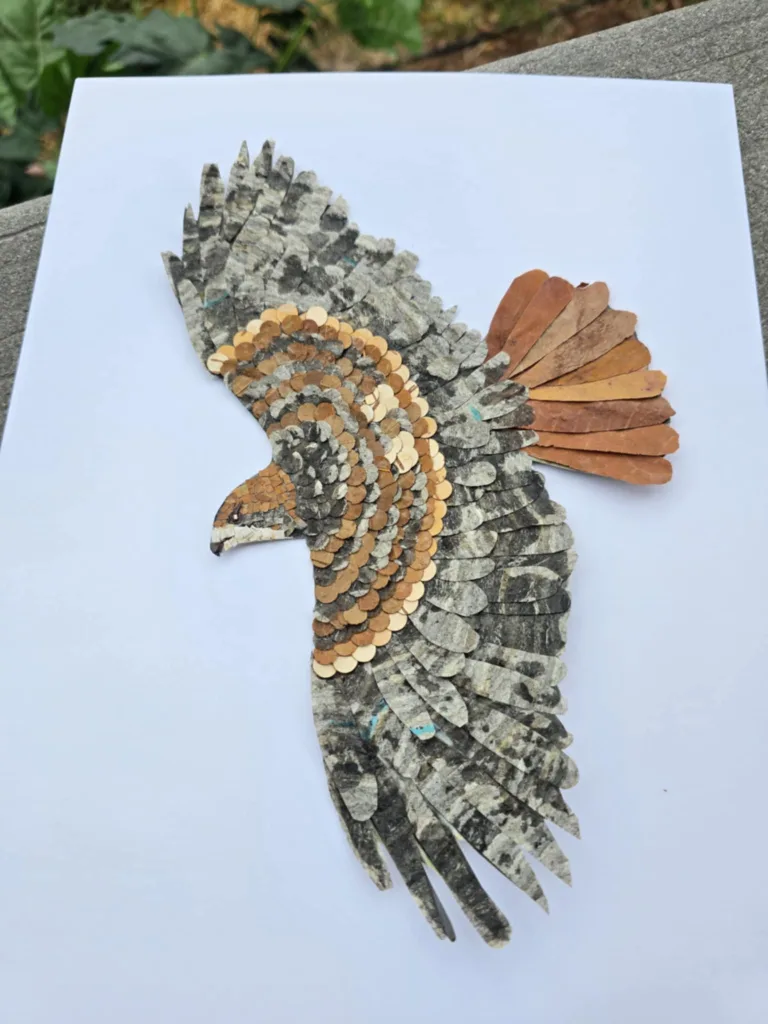  leaves cut in various size circles and ovals are glued on paper to depict a large bird in flight 