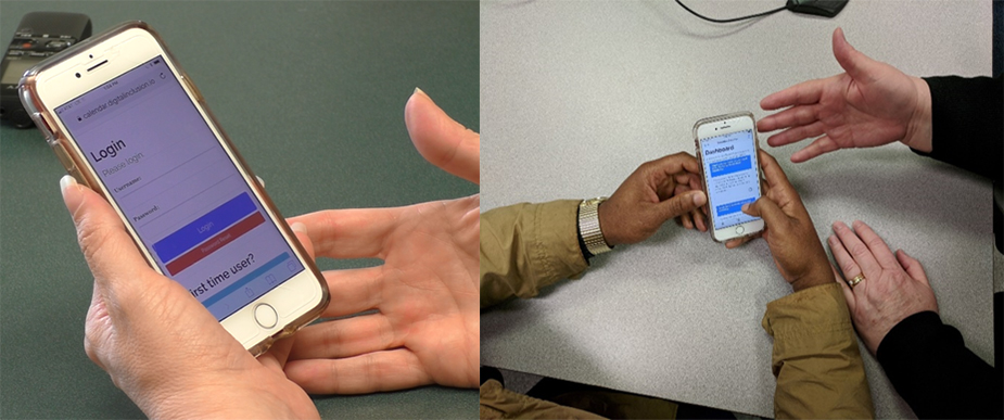 2 photos. Both are showing hands holding cell phones, one with a login screen and the other with 4 to 24 app.