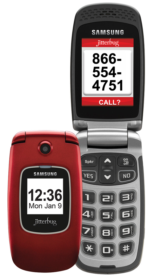 The Samsung Jitterbug; one closed in red, a second one in silver with the flip top open