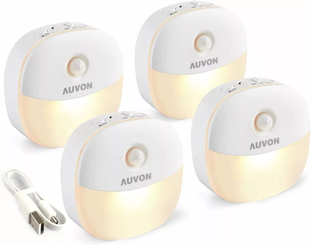 AUVON Rechargeable Mini Motion Sensor Night Light, 2nd Gen Warm White LED Stick-On Closet Light with Dusk to Dawn Sensor, Adjustable Brightness