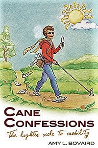  Image of book cover for Cane Confessions; woman walking outside with a white cane on a sunny day