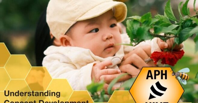 baby grasps flower/ text: APH HIVE Understanding Concept Development Leanne Grillot Alicia Wolfe