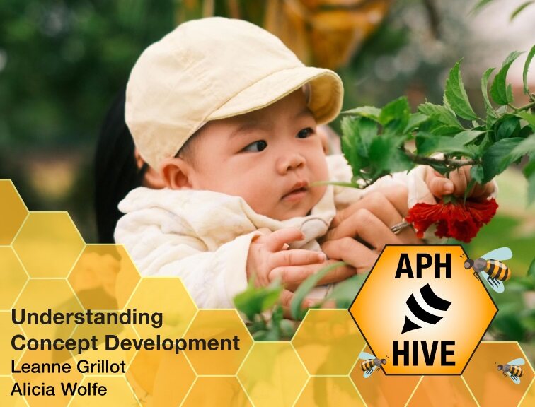 baby grasps flower/ text: APH HIVE Understanding Concept Development Leanne Grillot Alicia Wolfe