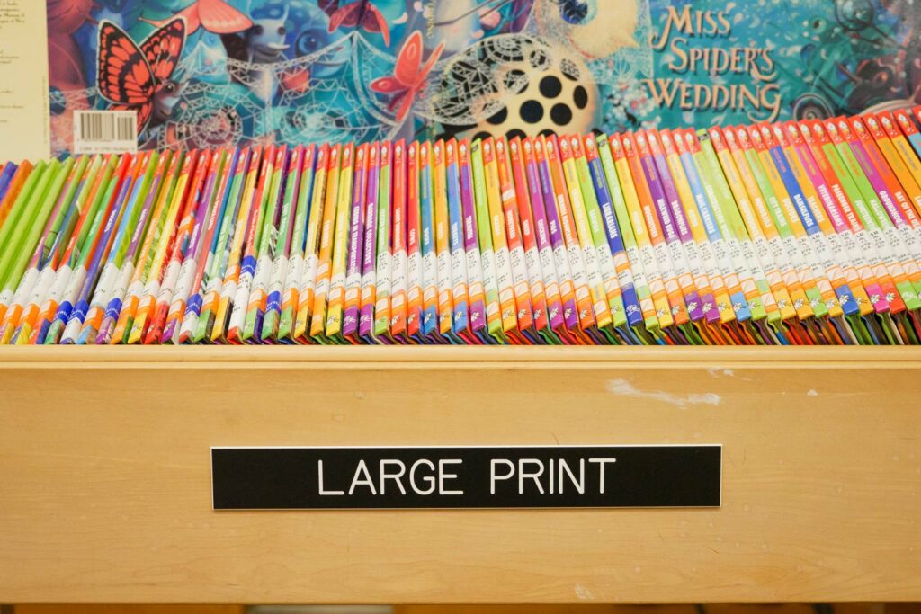 Books in an organizer with a label large print.