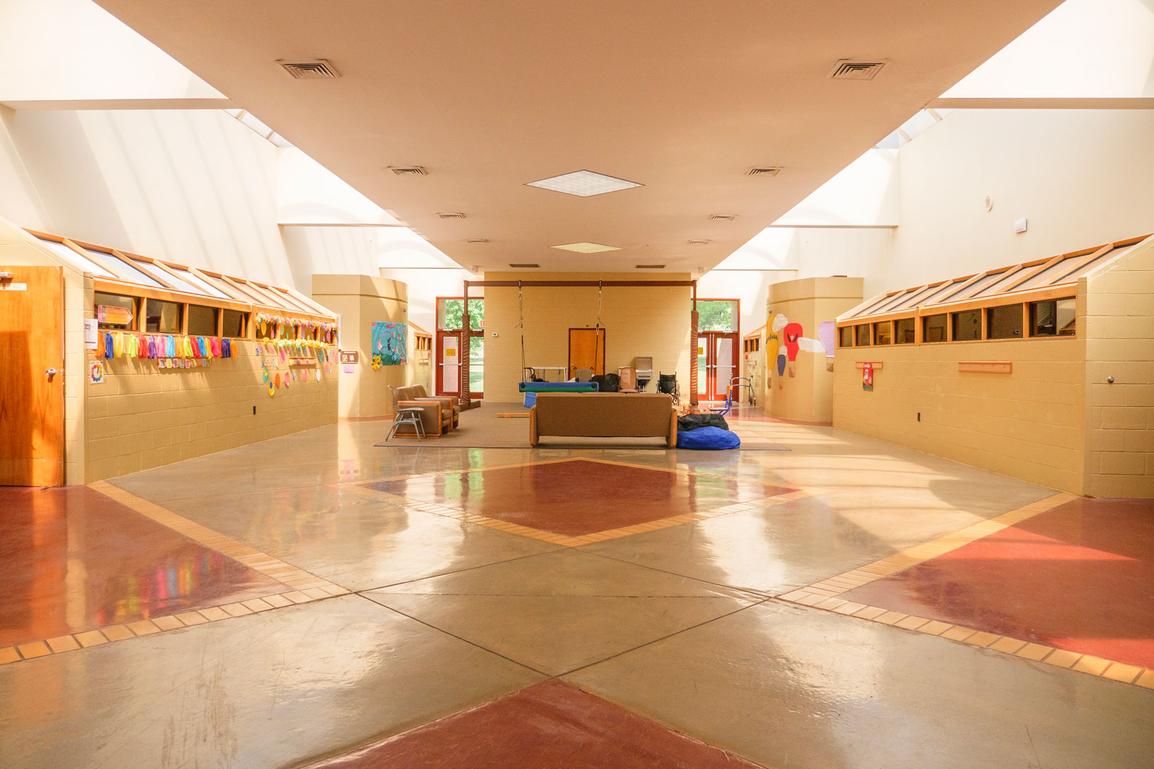 The interior of a school building.