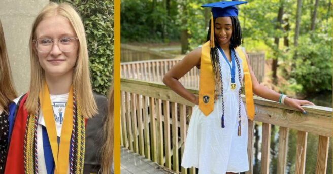 Two females wearing graduation sashes and honor cords