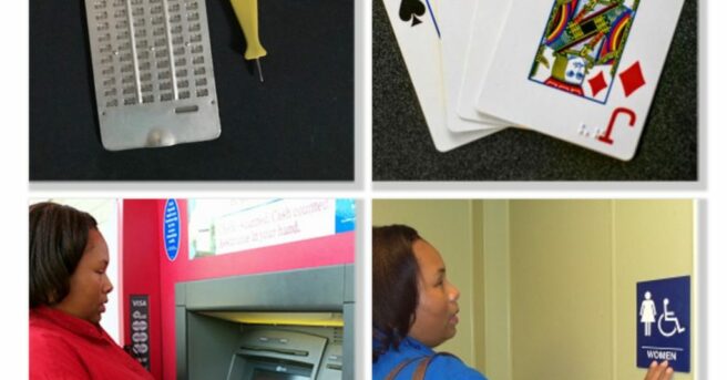 collage with braille slate and stylus top left, braille playing cards top right, woman using ATM bottom left, woman reading braille restroom sign bottom right