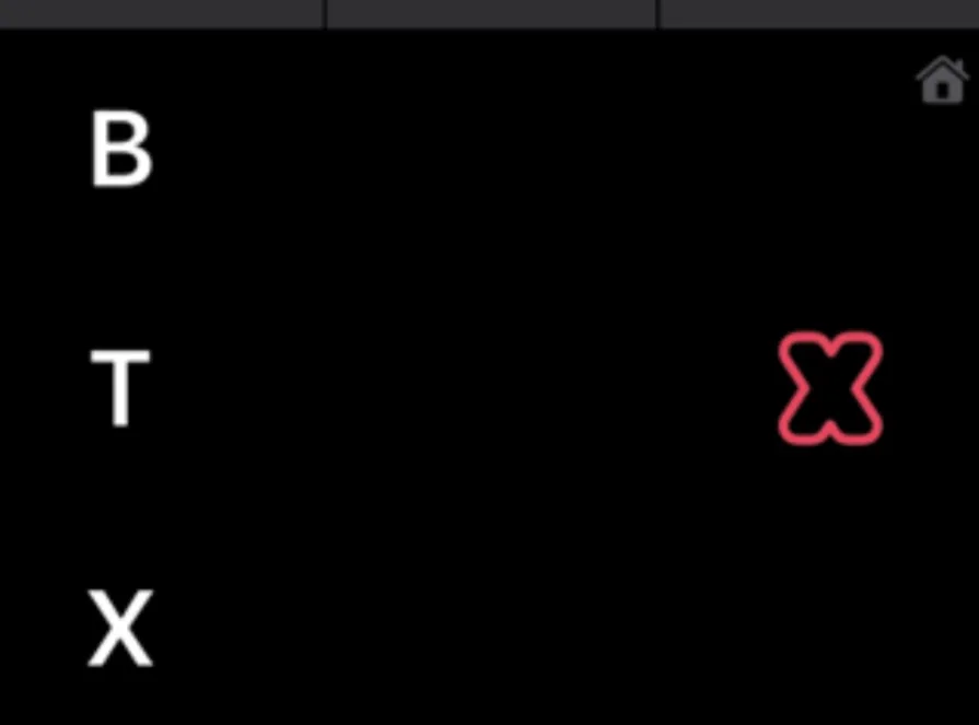 screenshot from the Bubbly app with three white capital letters B, T, and X on one side and one red outline of an X on the right. 