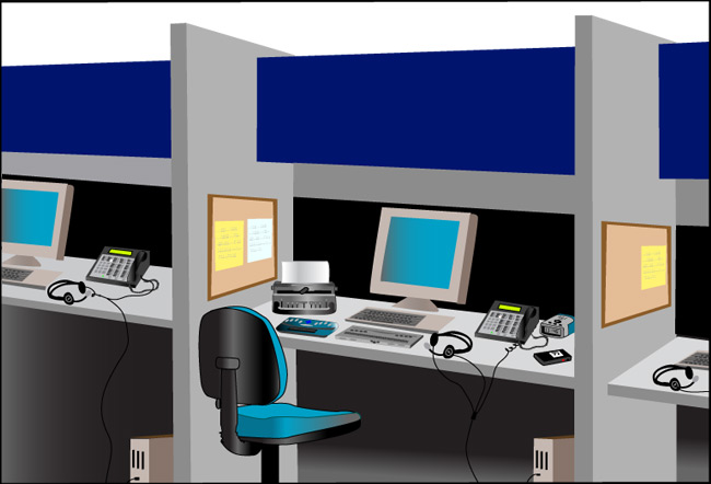 Call center cubicle with computer and phone