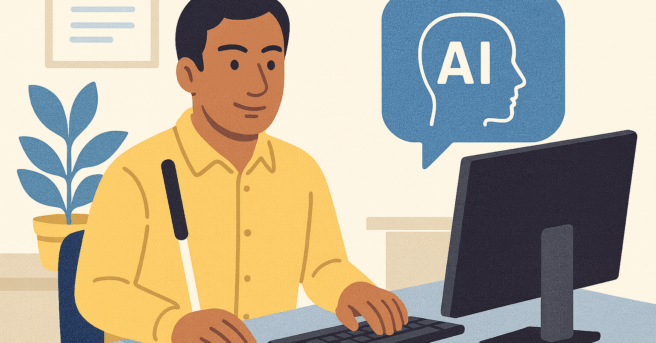 cartoon image created by AI of a man at a desk working on his computer with a cartoon bubble of a head with AI written inside.