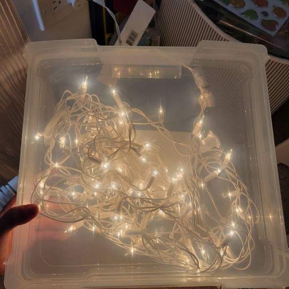 Homemade light box. Christmas lights were put in a clear plastic box.