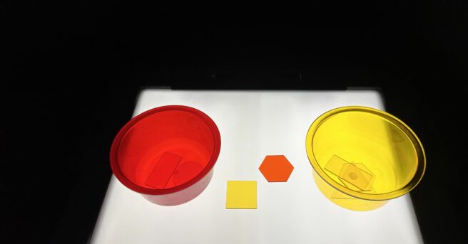 red and yellow transparent shapes ready to be sorted into a transparent red bowl or a transparent yellow bowl lying flat on a lightbox