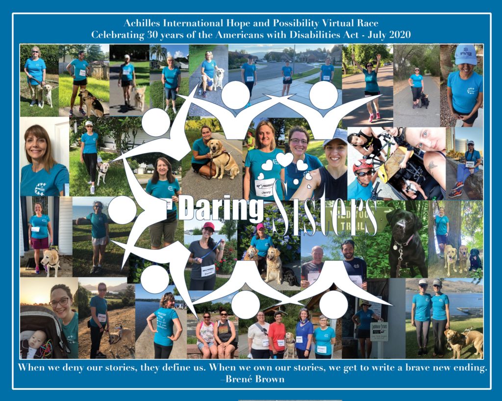 Daring Sisters Team Photo for Achilles International Hope and Possibility Virtual Race Celebrating 30 Years of the ADA July 2020. Picture has the runners and the horseshoe logo made of figures holding hands. Photo collage by Sarah McManick. Also has the quote mentioned in the post