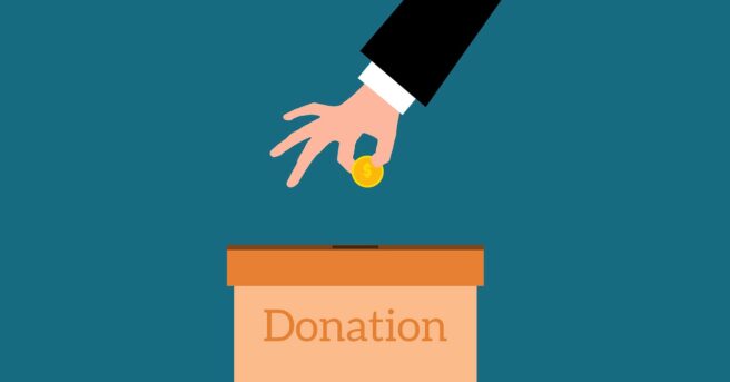 Graphic of a hand dropping a coin into a box marked, "Donation"