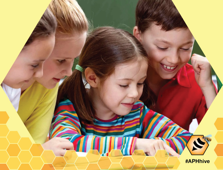 A group of students with one in the middle reading a braille book. The APH Hive logo and graphic around the image.