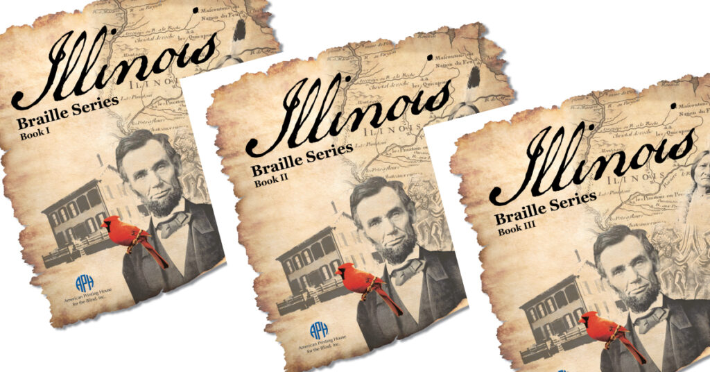 book covers of Illinois braille series. with picture of Lincoln on front with cardinal sitting on shoulder