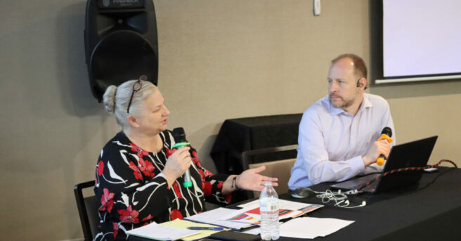 VA Image: Toni Walls, Executive Director, Cabell-Wayne Association of the Blind and Lee Huffman presenting at the April 2022 APH Huntington Impactful Living Summit.