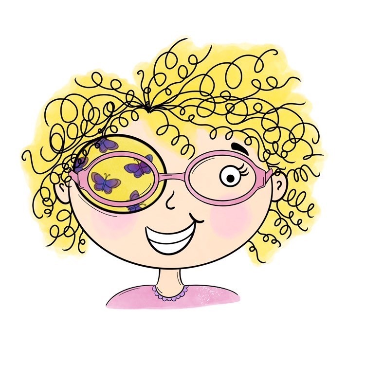 curly blonde character with large smile, pink eyeglasses, and an eyepatch