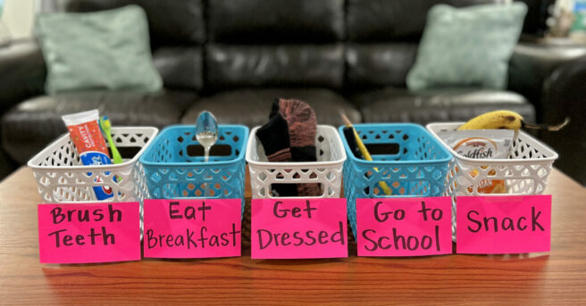 Photo shows five calendar boxes in alternating colors with bold print labels. Real items are included in each box. The labels read from left to right: Brush Teeth, Eat Breakfast, Get Dressed, Go to School, Snack.