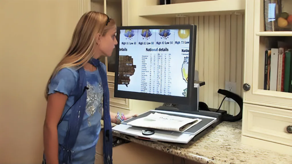 young woman looking at computer with screen magnification
