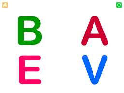 screenshot from the Alphabet ABC iPad app showing a field of four letters in different colors: B, A, E, and V. 
