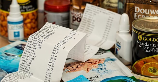 Receipt atop grocery items