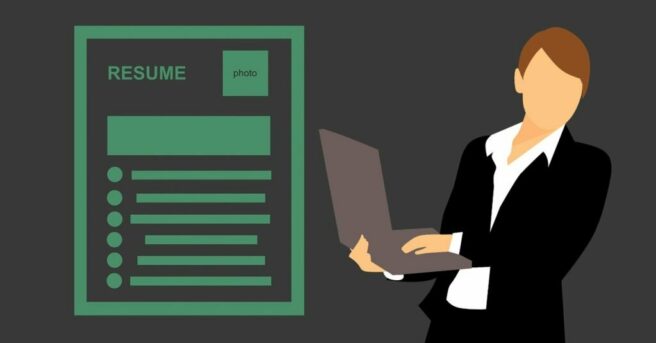 Animated image of a character holding a laptop adjacent to an outline of a paper with the word "RESUME"