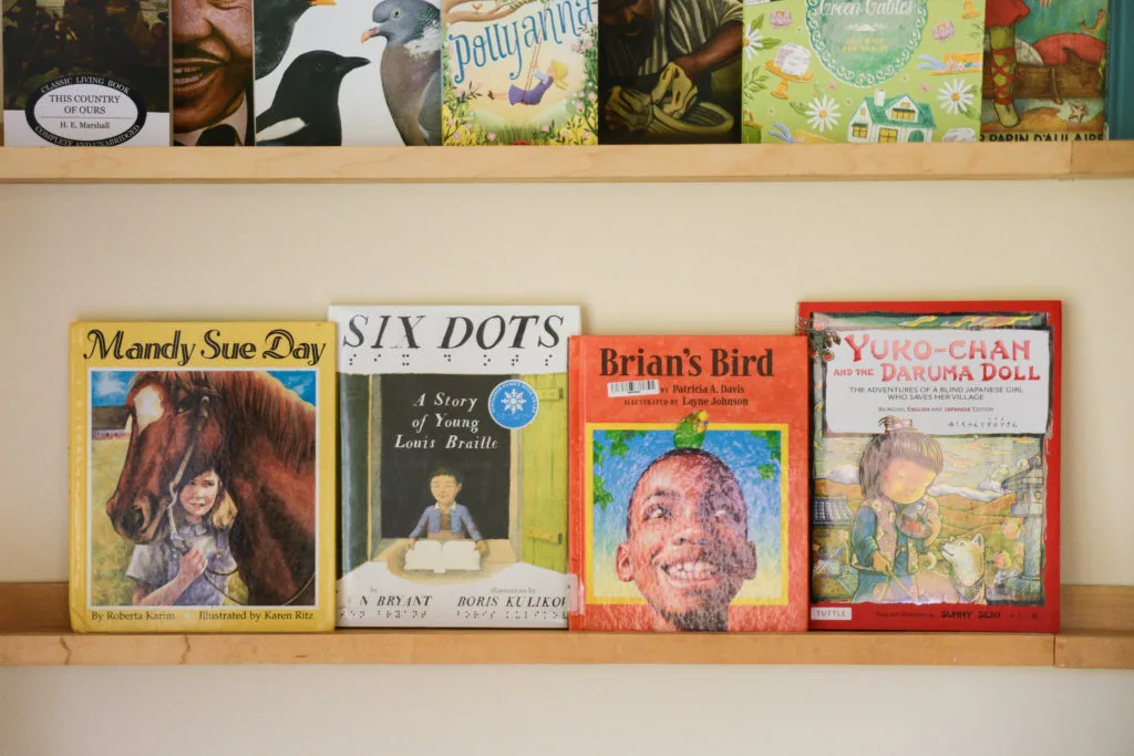 Braille children's books on a shelf