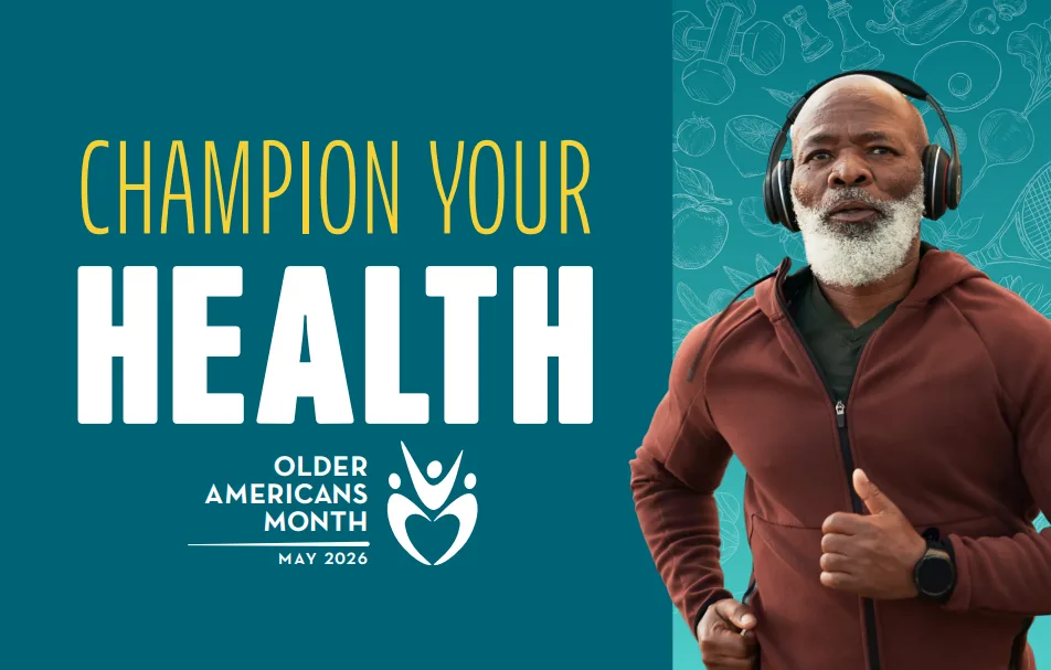 A man jogging wearing a headset with the caption, "Champion Your Health"