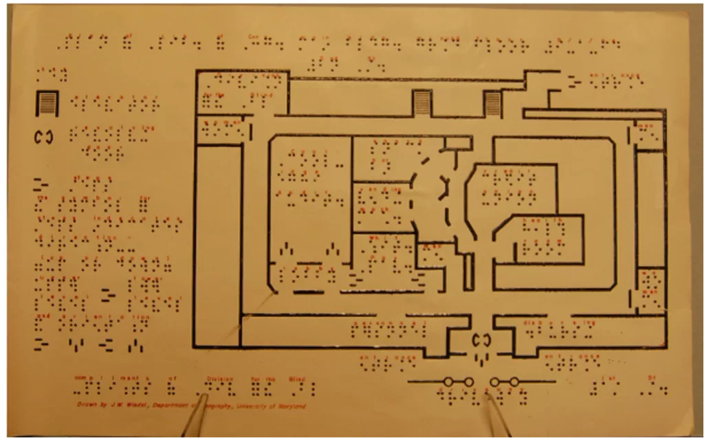 Tactile map of the inside of a building with the key.