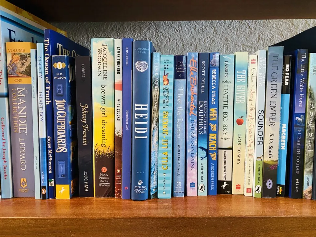 A bookshelf with an assortment of books such as Heidi, The Green Ember, Macbeth, The Giver, Brown Girl Dreaming, and 100 Cupboards.