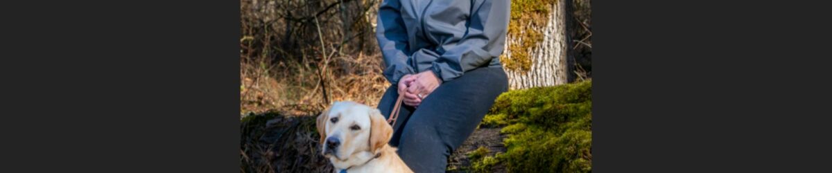 Person stands outside with yellow lab in harness.
