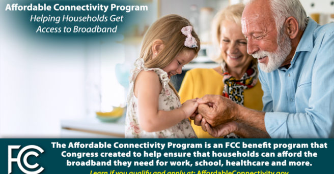 Older man and woman with small child smiling at her. Promo by the FCC for the Affordable Connectivity Program, Helping Households Get Access to Broadband. Learn if you qualify and apply at AffordableConnectivity.gov