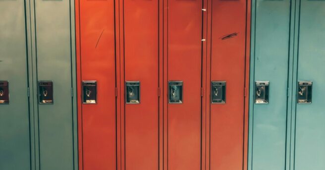 row of lockers in various colors