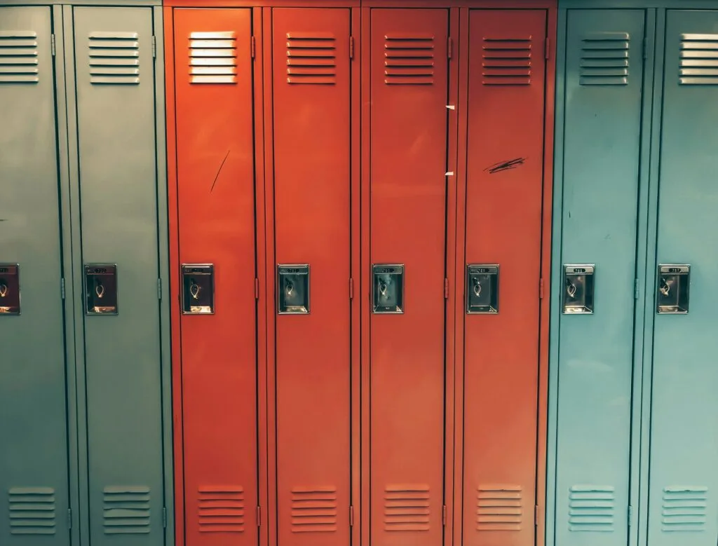 row of lockers in various colors