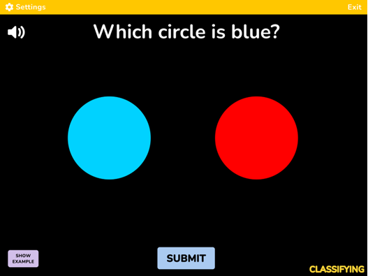 Screen shot with text, "Which circle is blue?" A red and blue circle are on a black background.