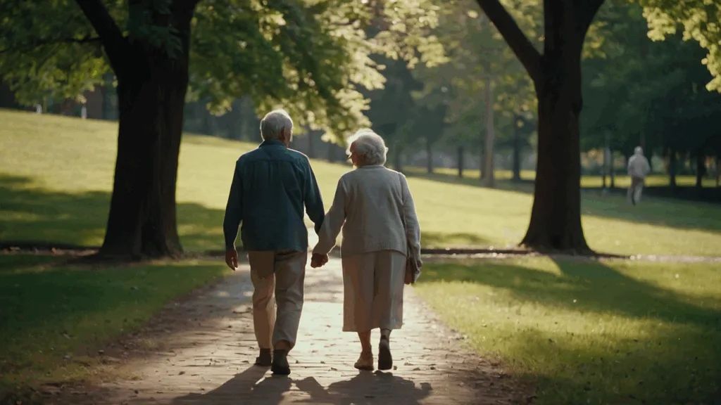 older couple walking together outside