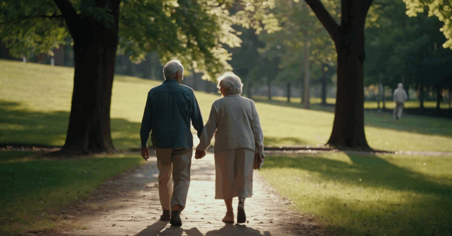 older couple walking together outside