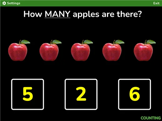 A screenshot with question "How MANY apples are there?" Five red apples are displayed in the center. Answers are 5, 2, 6 in yellow text with a black background