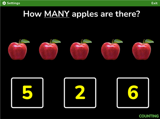 A screenshot with question "How MANY apples are there?" Five red apples are displayed in the center. Answers are 5, 2, 6 in yellow text with a black background