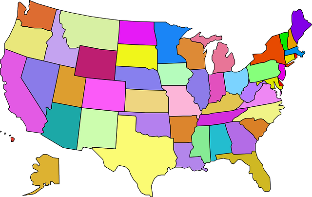 Map of the United States with each state in a different color