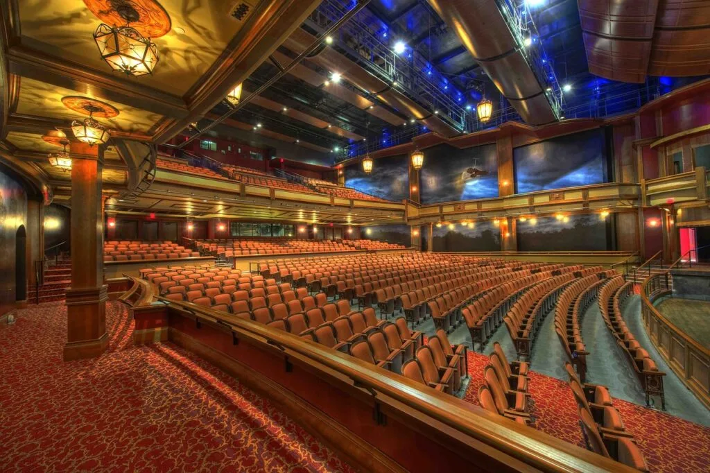 Large movie theater with many rows of seats.