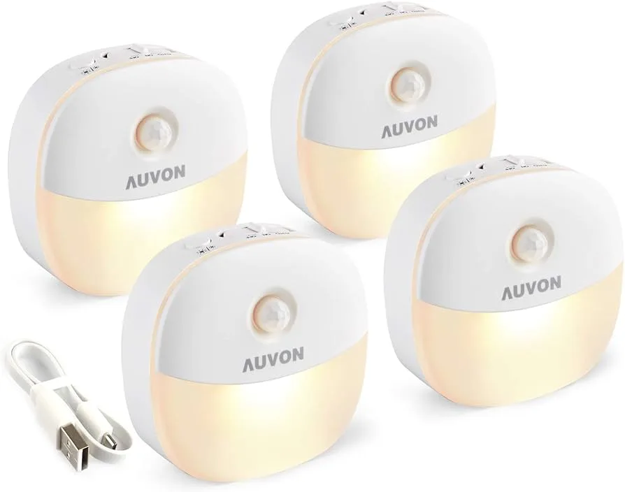 AUVON Rechargeable Mini Motion Sensor Night Light, 2nd Gen Warm White LED Stick-On Closet Light with Dusk to Dawn Sensor, Adjustable Brightness