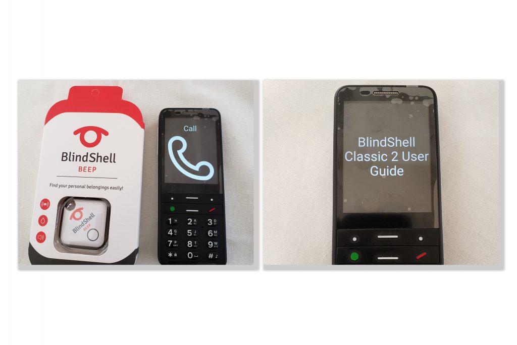 collage showing blindshell classic phone with blindshell beep app and user guide
