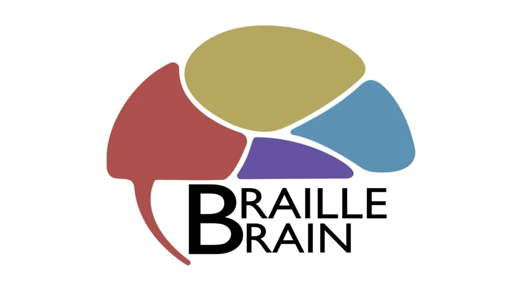 A graphic of a colorful brain with text Braille Brain.