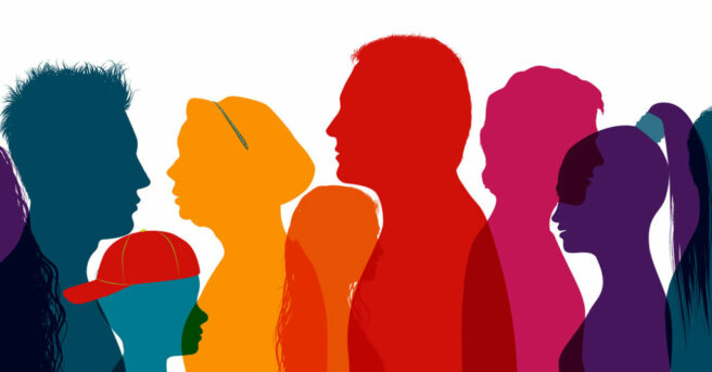Career Conversations logo. Silhouettes of different people in different colors.