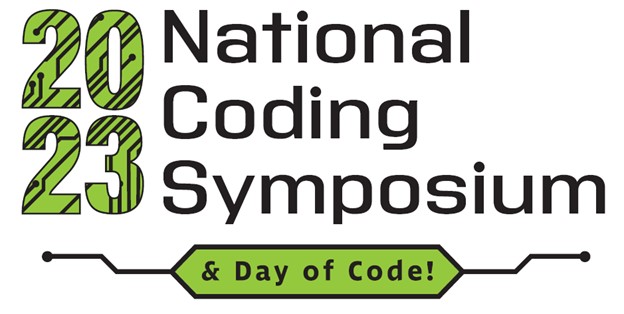 National Coding symposium logo featuring block lettering with wiring linking to subheading "A DAY OF CODE" in green.